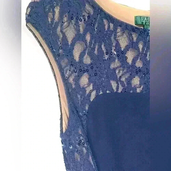 Lauren Ralph Lauren Navy Blue Lace Sequin Gathered Stretch Dress - Picture 5 of 9